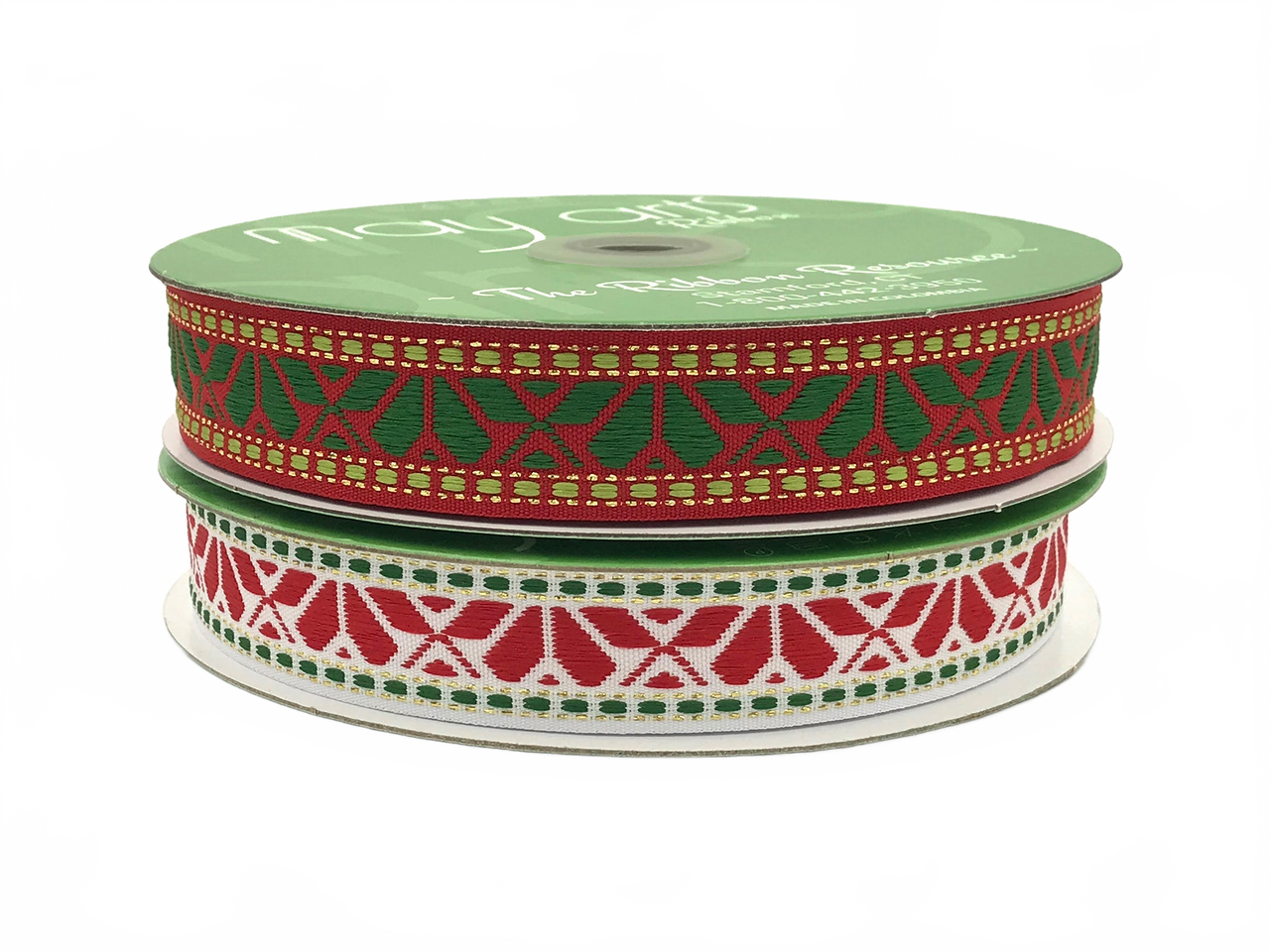 1 Inch Holiday Embroidered Geo Print Ribbon With Woven Edge