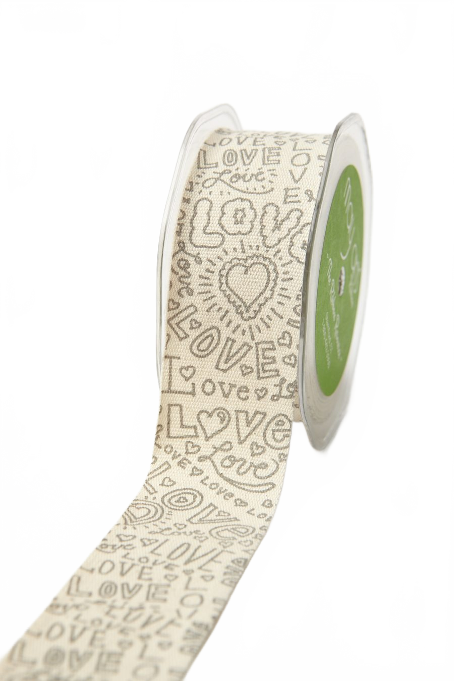 1.5 Inch 100% Ivory/Grey Love Cotton Doodle Love Ribbon With Woven Edge