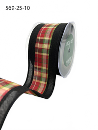 2.5 Inch Black Metallic Tartan Plaid Center Ribbon With Wired Woven Edge