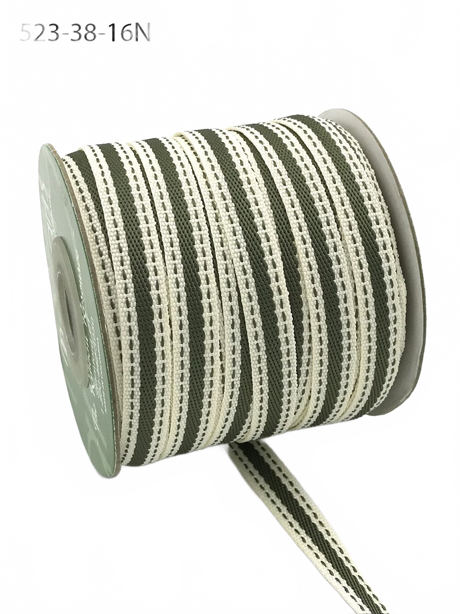 3/8 Inch Solid Color Band Ivory/Olive Ribbon With Natural Woven Stitched Edge