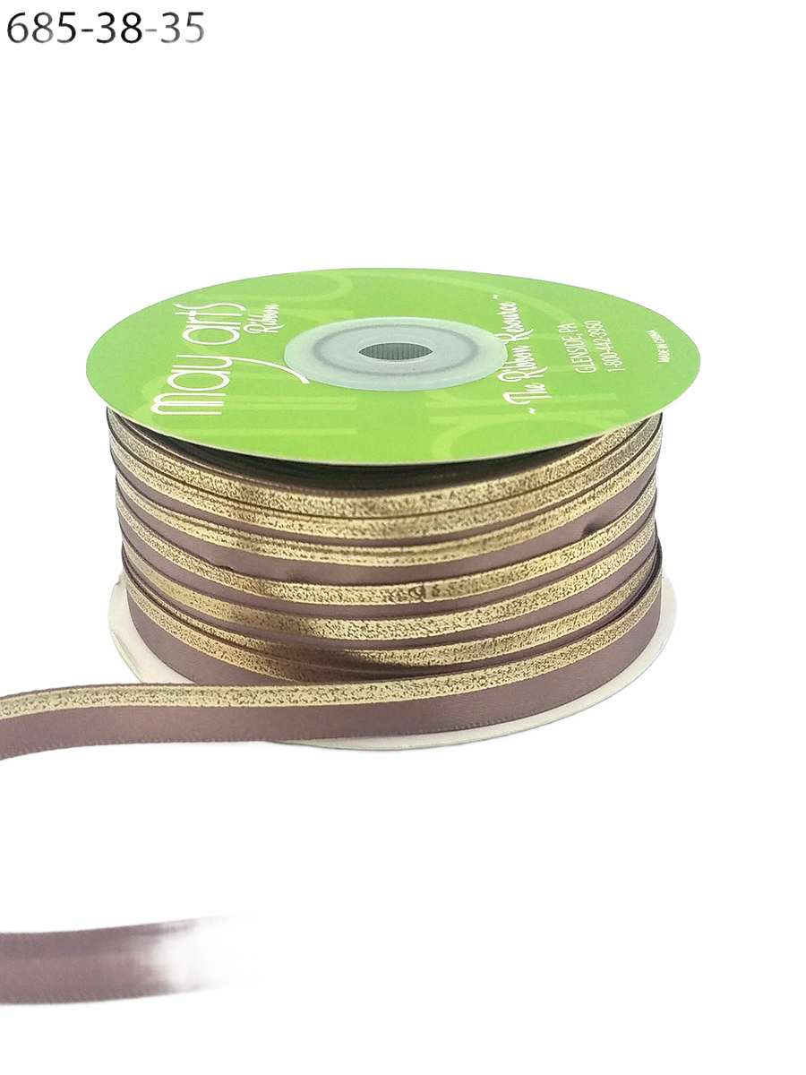 ~3/8″ Single Faced Satin Gold Taupe/Gold Foil Stripe Ribbon