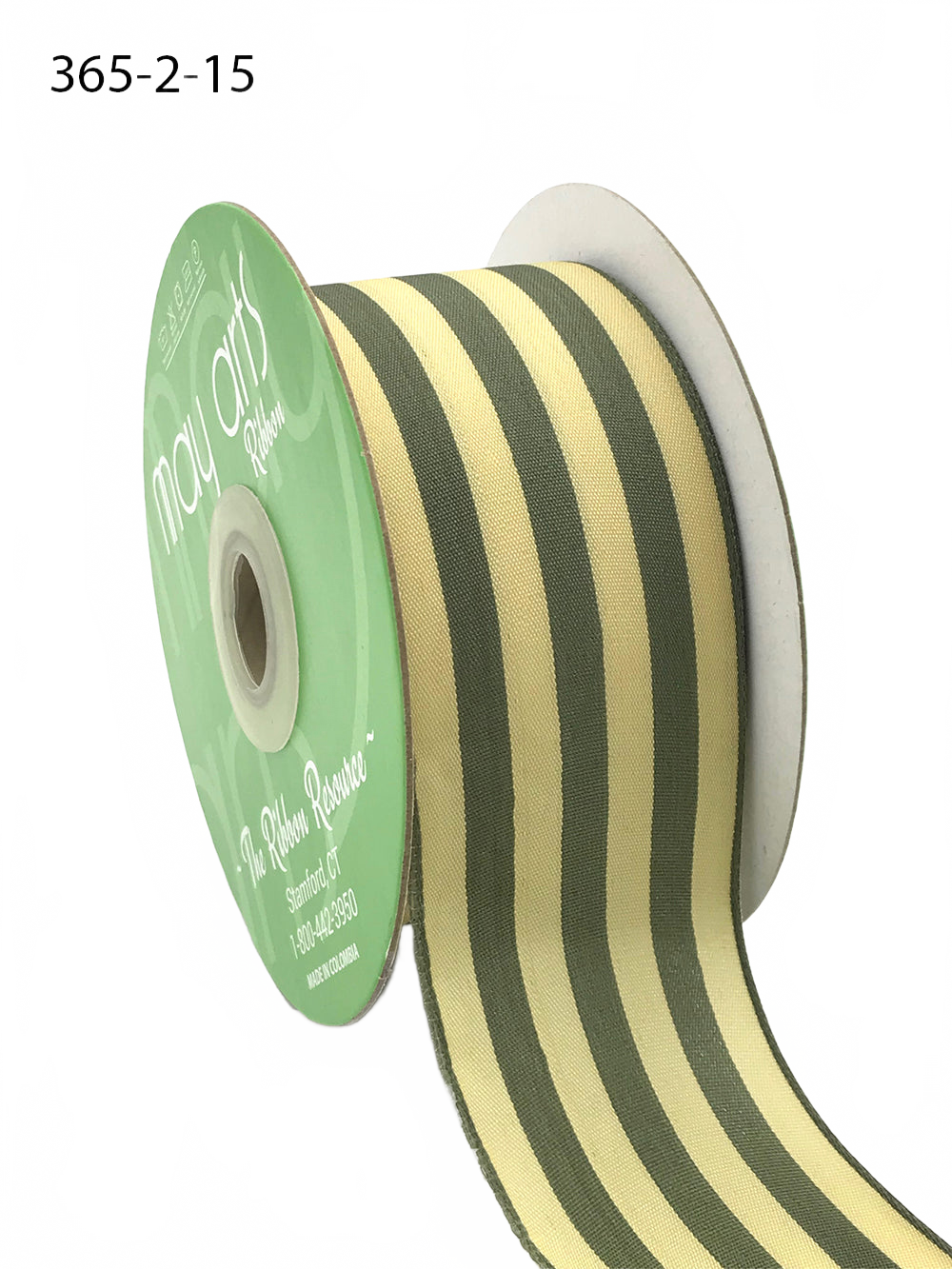 2 Inch Striped Green/Ivory Ribbon With Woven Edge