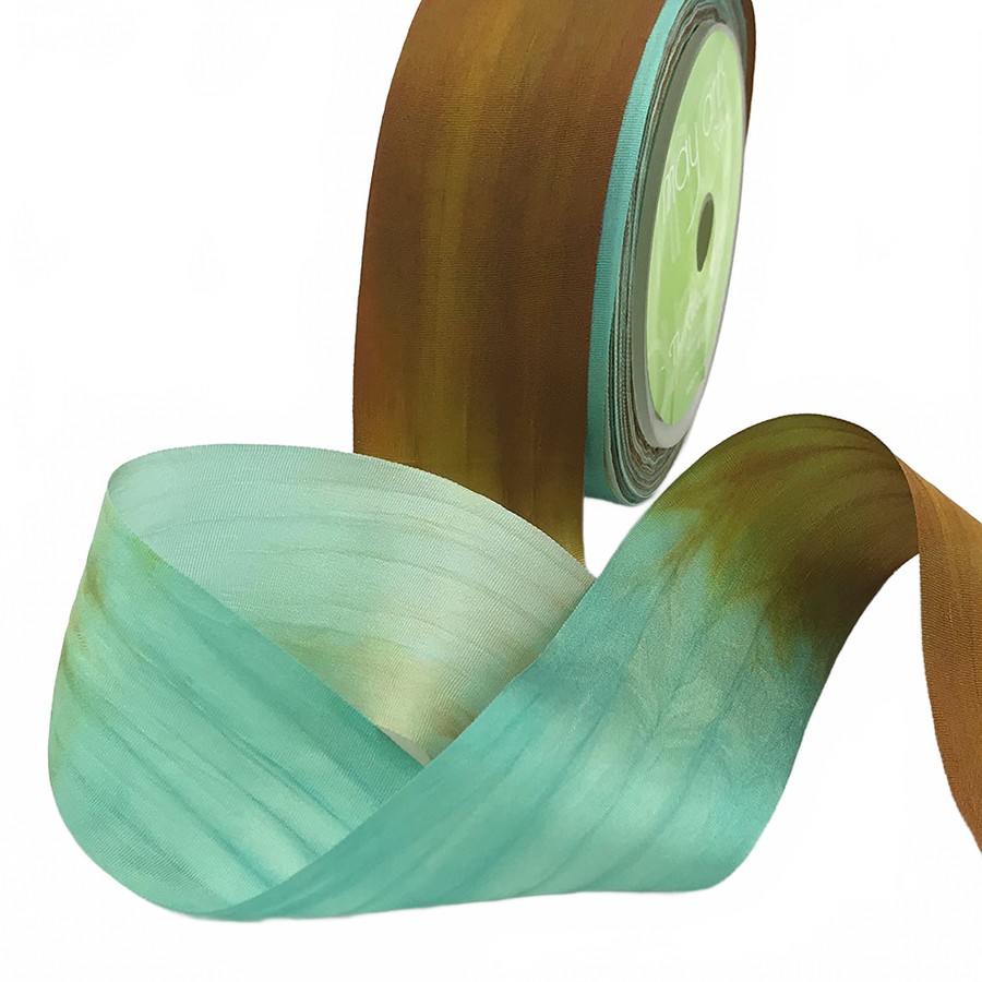 1.25 Inch 100% Hand-Dyed Variegated (Multi-Color) Turquoise/Brown Silk Ribbon With Woven Edge