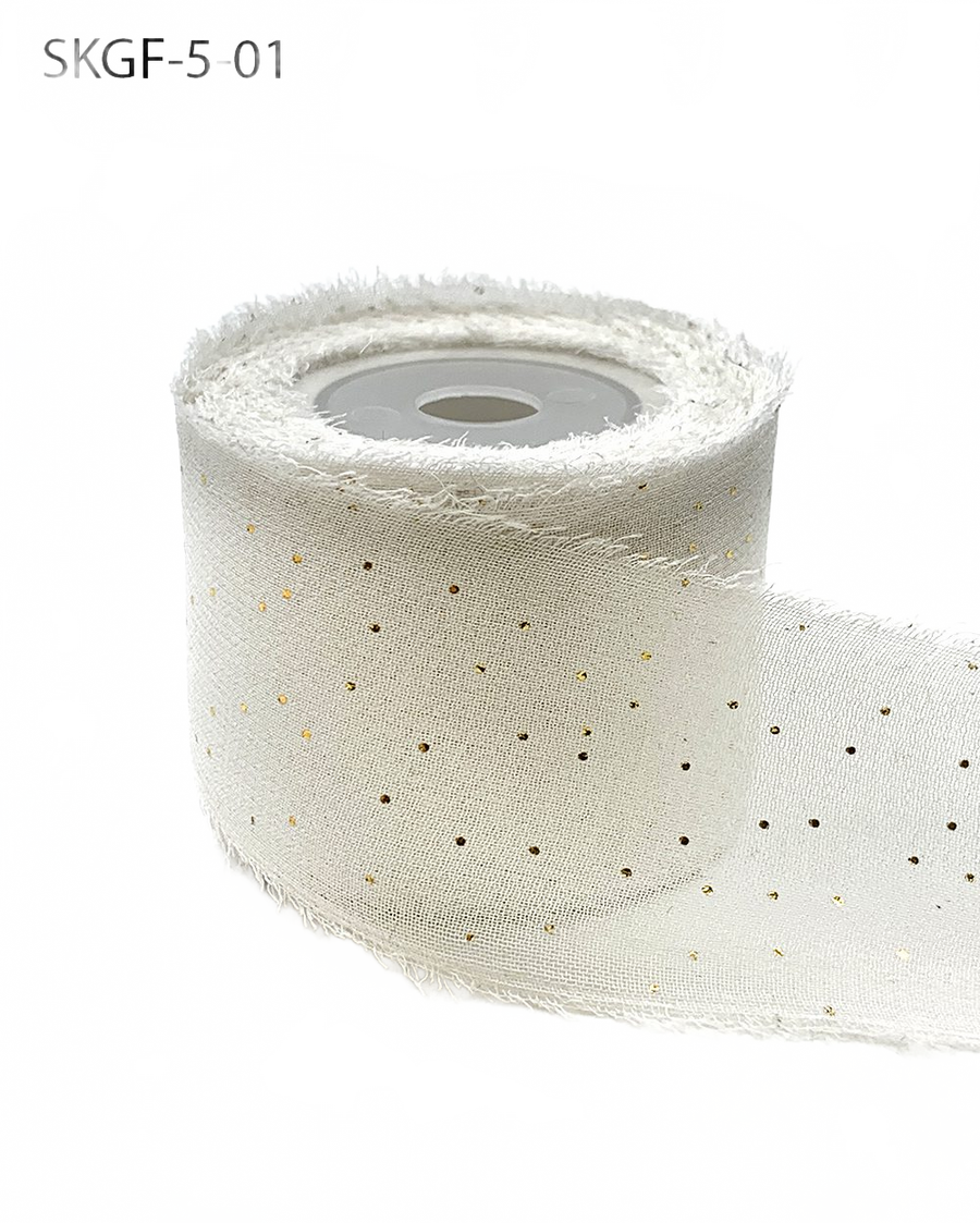 1.25 Inch Mini Metallic Dot White/Gold Silk Georgette Ribbon
