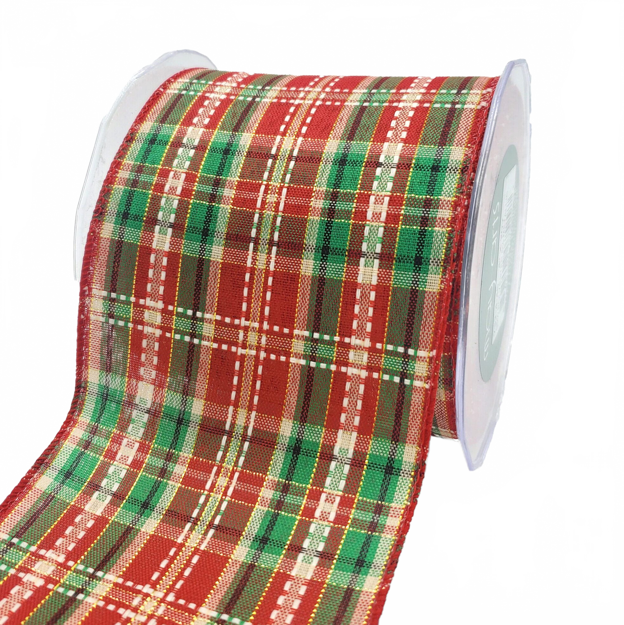 4 Inch Wired Tartan Plaid Stitches Christmas Red/Green/White/Gold Ribbon