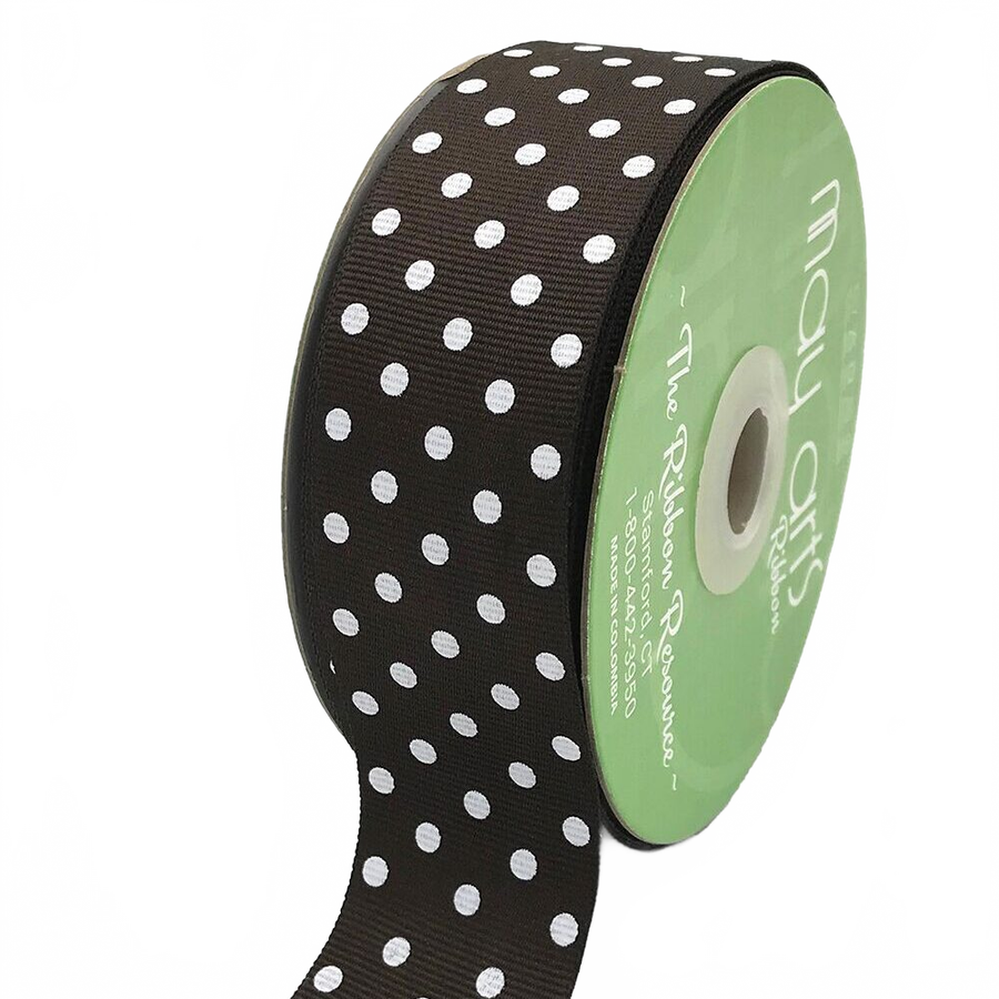 1.5 Inch Brown/White Dots Grosgrain Printed Dots Ribbon With Woven Edge