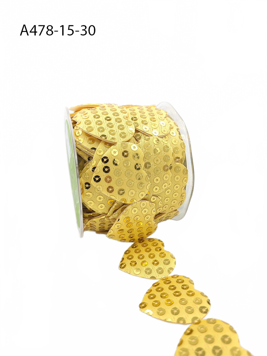 1.5 Inch Adhesive Puffy Sequin Heart Gold Ribbon With Sealed Cut Edge