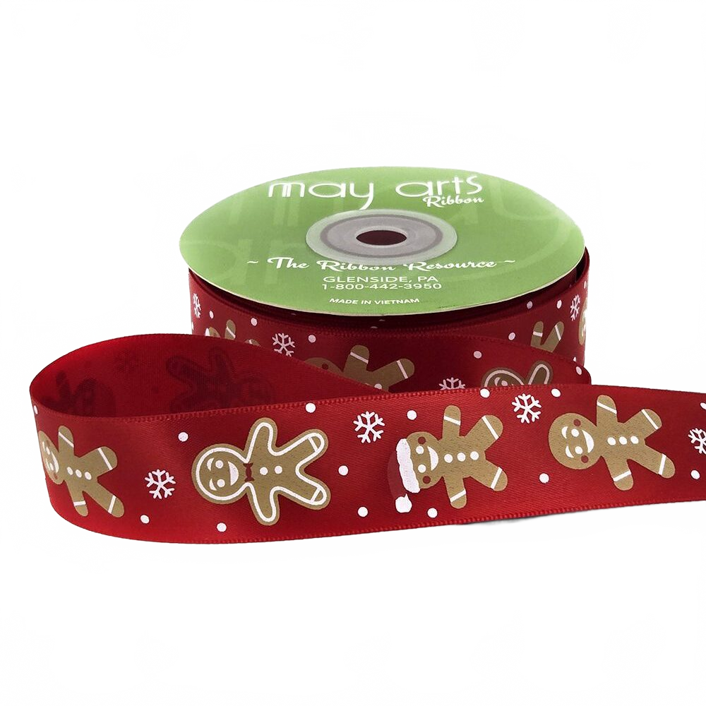 1 Inch Red Satin Gingerbread Man Print Ribbon