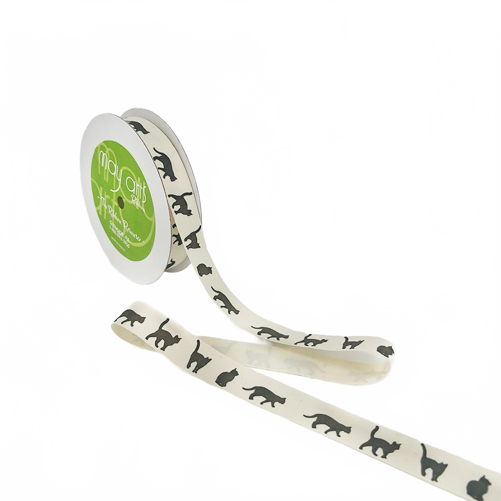 3/4 Inch Ivory Cat Silhouette Canvas Printed Ribbon With Woven Edge
