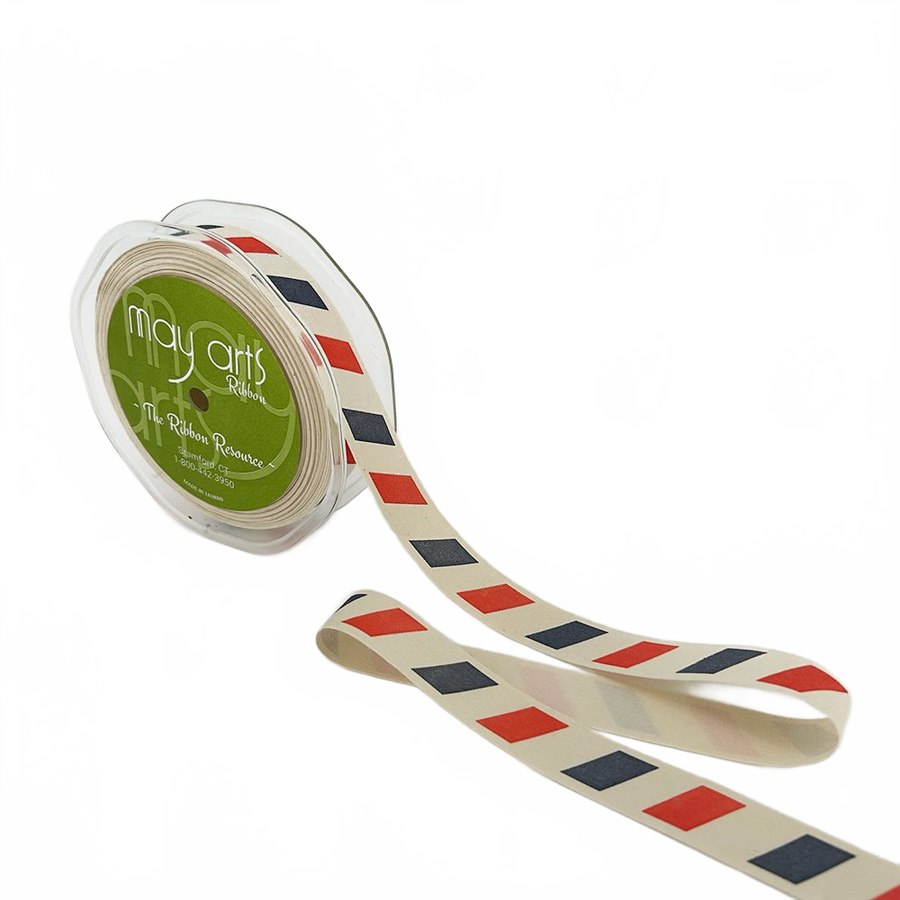 3/4 Inch Ivory Red/Blue Stripes Canvas Printed Ribbon With Woven Edge
