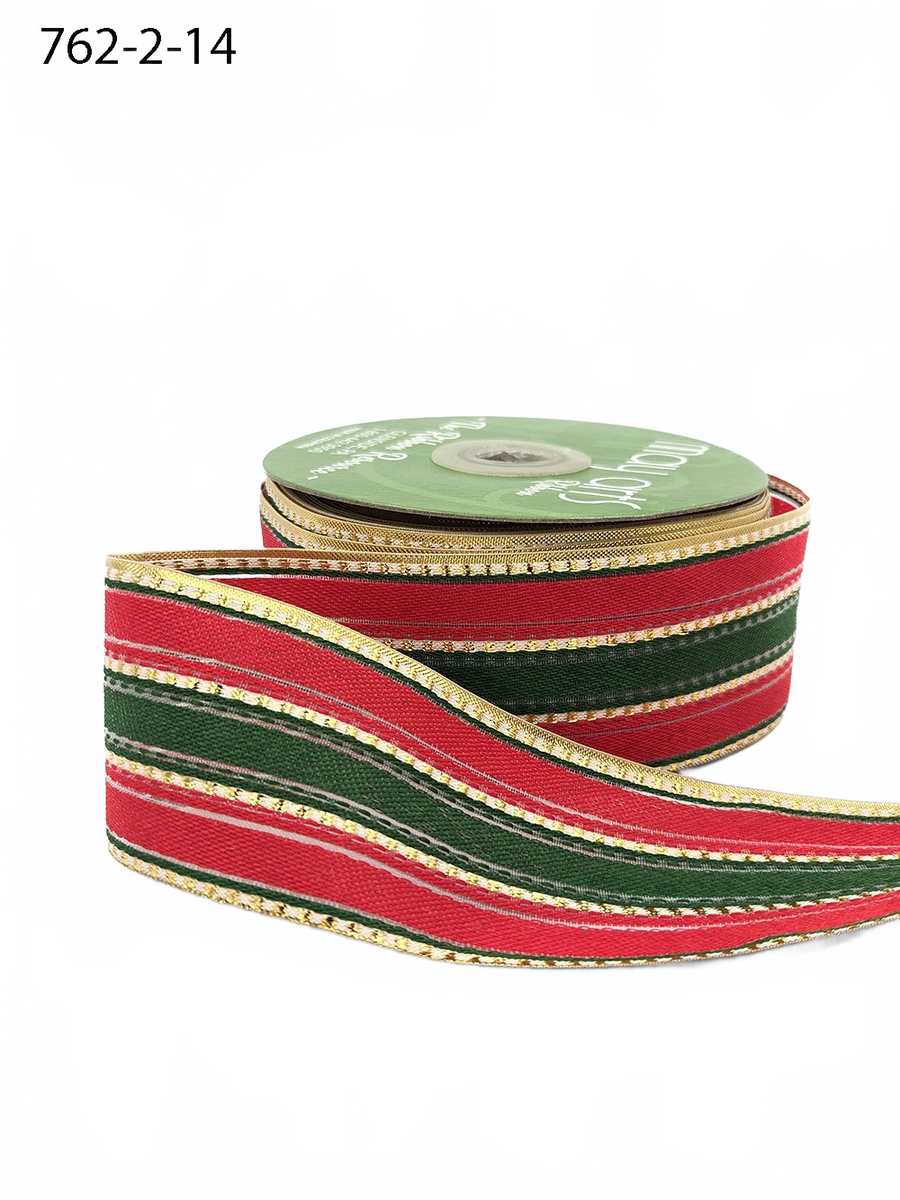 2 Inch Modern Christmas Stripe Red/Green/Gold Ribbon With Woven Edge