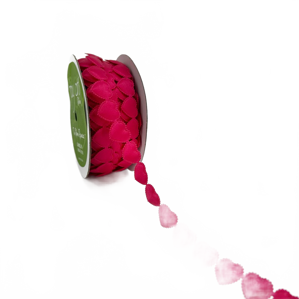3/4 Inch Original Fuchsia Hearts Satin Cut Out Banner Ribbon With Cut Sealed Edge