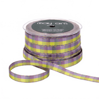 1/2 Inch Multi-Color Checkered Purple/Lavender/Parrot Green Ribbon With Woven Stitched Edge