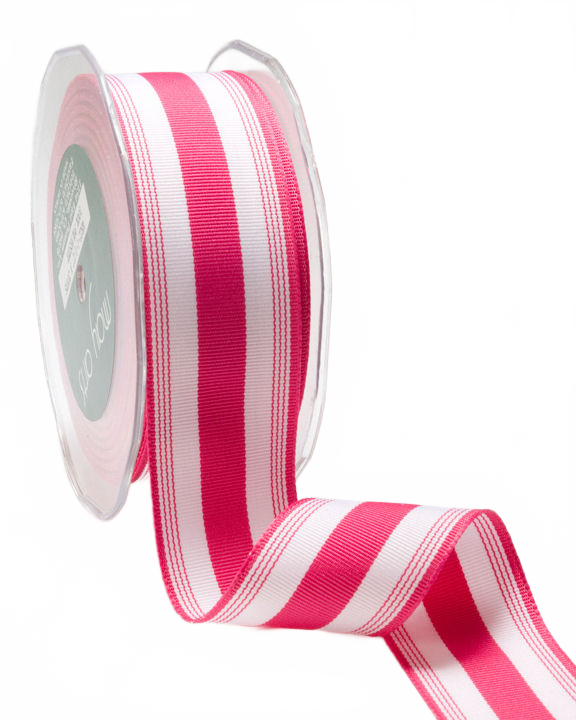 1.5 Inch Ticking Striped Fuchsia/White Ribbon With Woven Edge