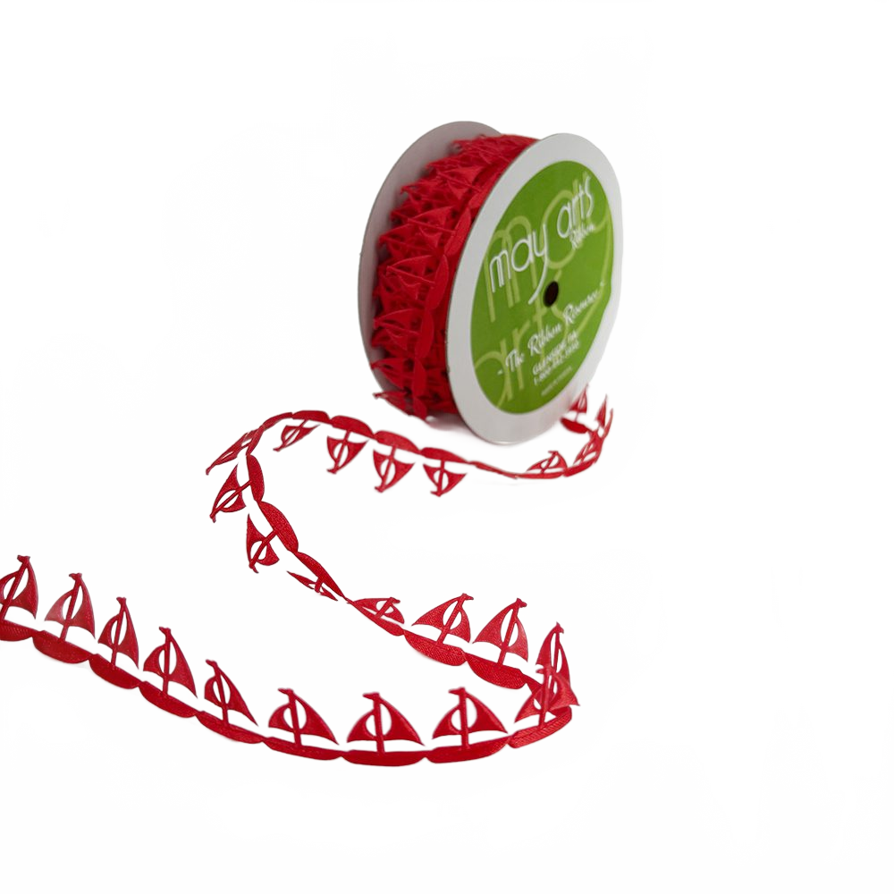 3/4 Inch Original Red Sailboats Satin Cut Out Banner Ribbon With Cut Sealed Edge