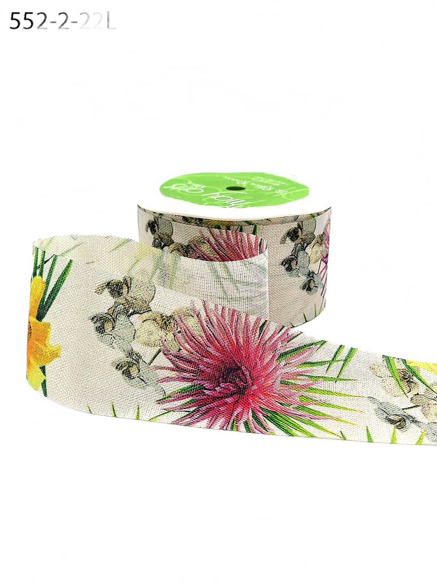 2 Inch Tropical Flower Print Ribbon With Woven Edge