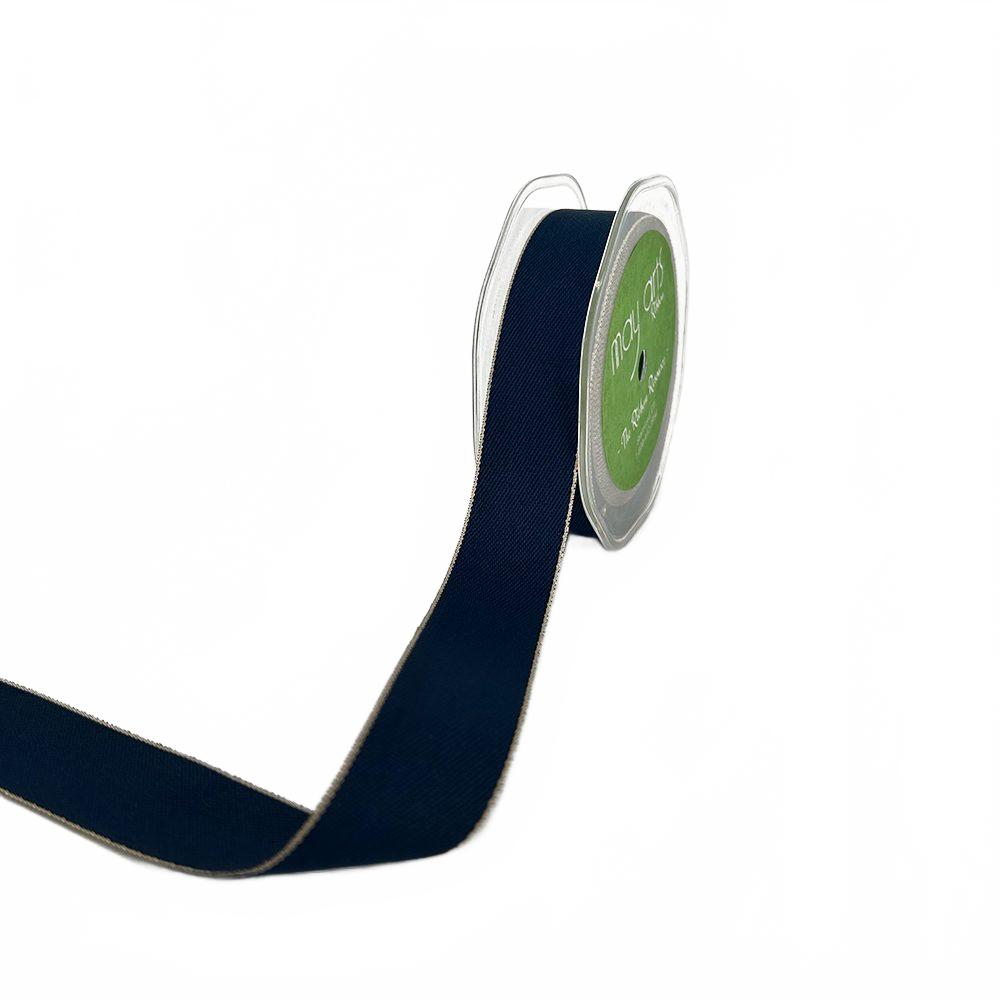 1 Inch Heavy Woven Navy/Natural Ribbon With Color Woven Edge