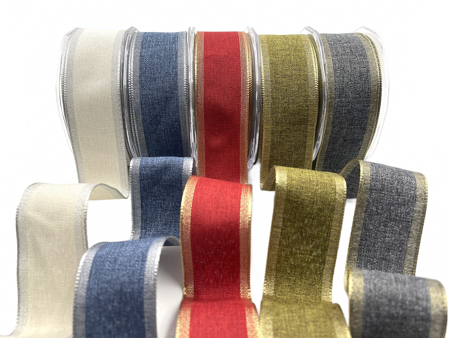 1.5 Inch Woven Chambray Lined Metallic Edge Ribbon