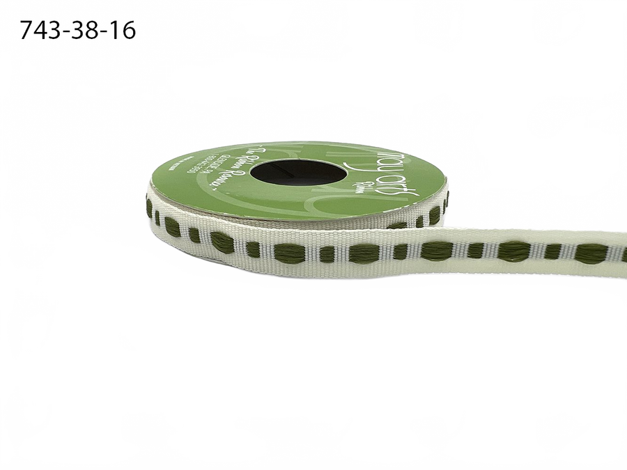 ⅜ Inch Dot Center Line Woven Edge Ivory/Olive Ribbon
