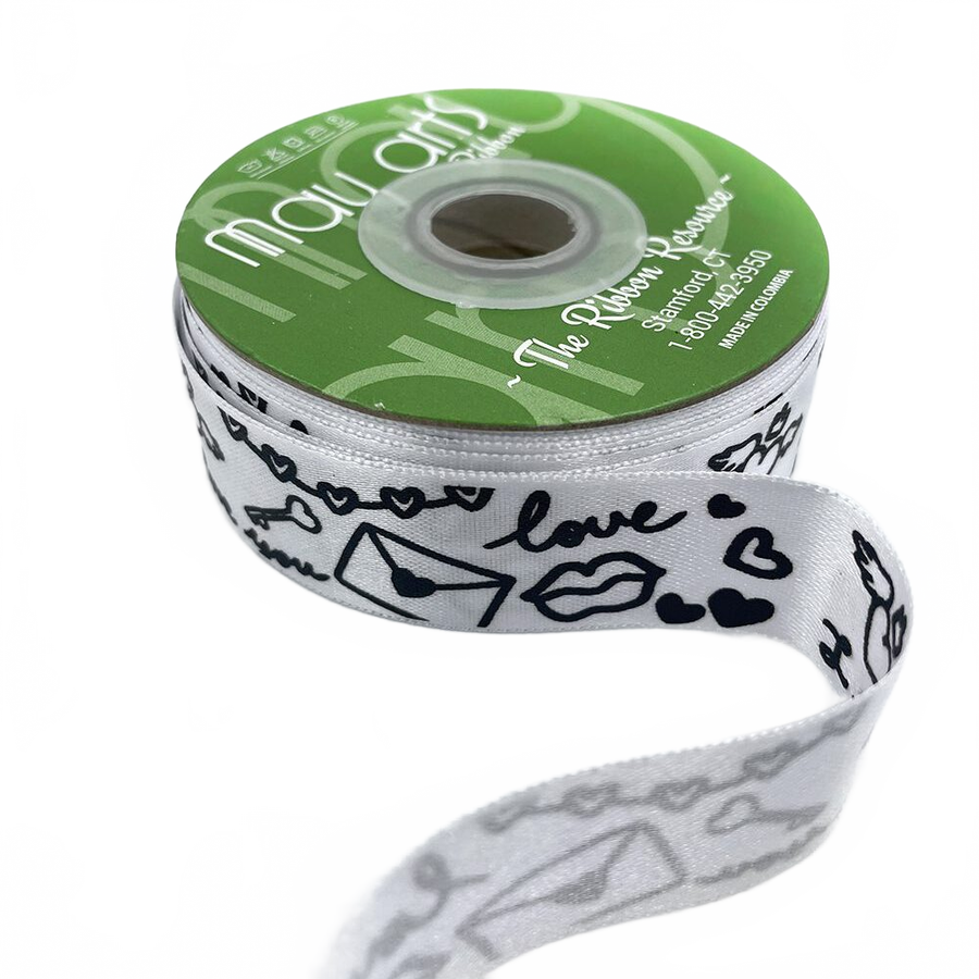 ~1 Inch (24Mm) White/Black Satin Valentine Doodle Print Ribbon With Woven Edge