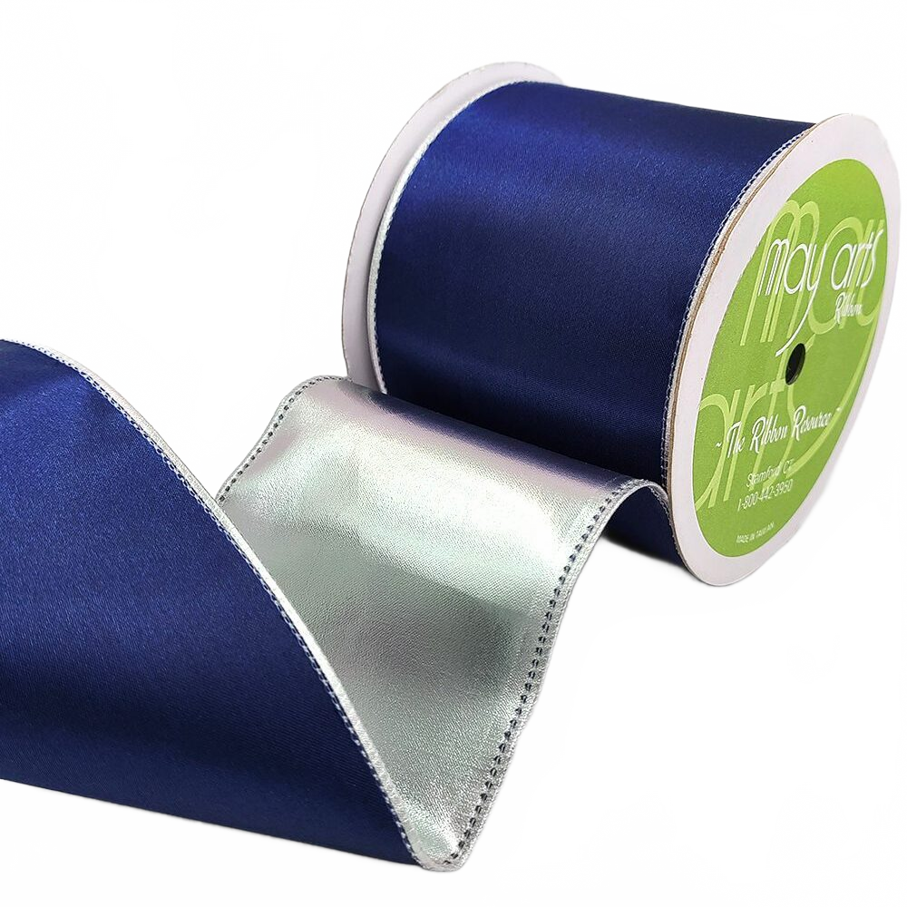 3 Inch Satin Navy/Silver Metallic Reversible Ribbon With Wired Woven Edge