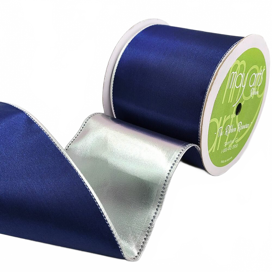 3 Inch Satin Navy/Silver Metallic Reversible Ribbon With Wired Woven Edge