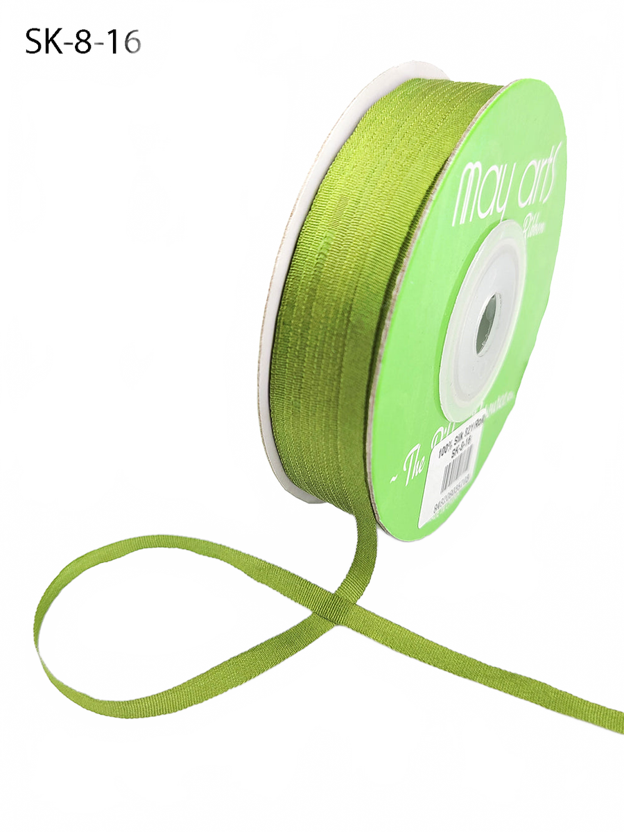 1/8 Inch 100% Hand-Dyed Olive Silk Ribbon With Woven Edge