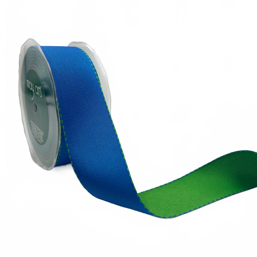 1.5 Inch Heavier-Weight (Higher Thread Count) Two-Color Reversible Blue/Green Grosgrain Ribbon With Woven Edge