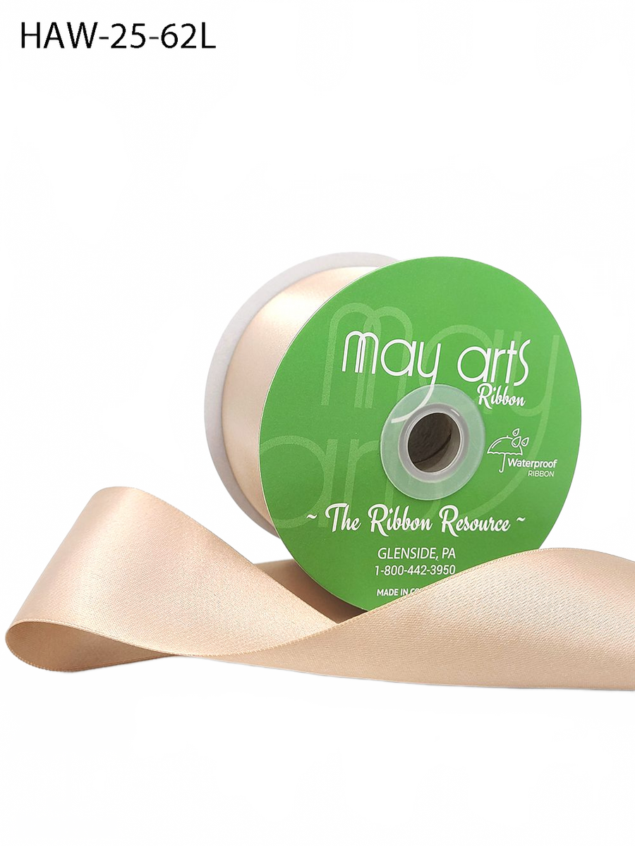 ~2.5 Inch Waterproof And Weather Resistant Luster Double Faced Nude Champagne Satin Ribbon With Woven Edge