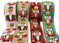 2.5 Inch Wired Faux Linen Glitter Nutcracker Print Ribbon