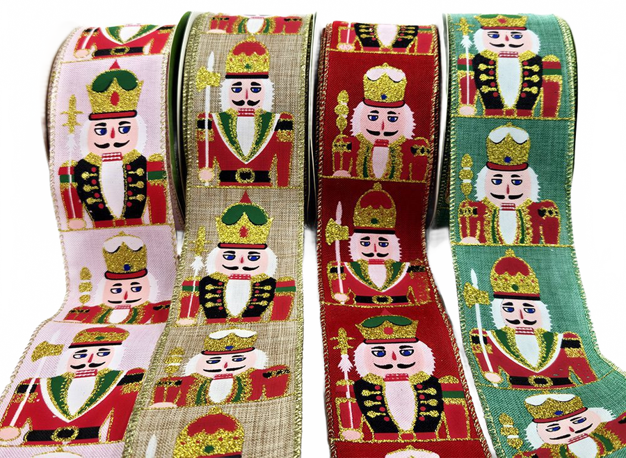 2.5 Inch Wired Faux Linen Glitter Nutcracker Print Ribbon