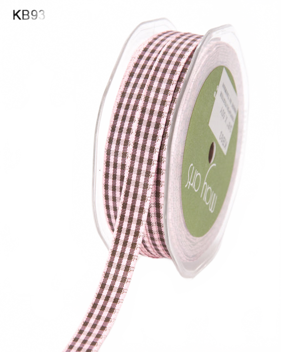 3/8 Inch Checkered Pink/Brown Ribbon With Woven Edge