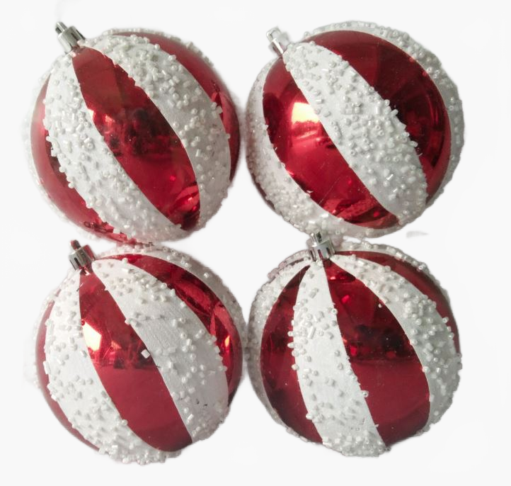 4" Red & White Ball Ornament 4 Pack