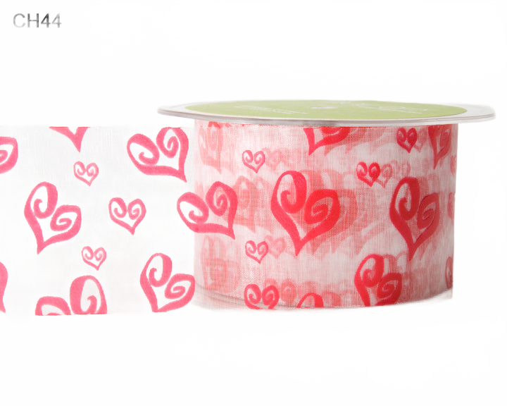 2 Inch Shimmer White/Red Hearts Sheer Printed Hearts Ribbon With Cut Edge