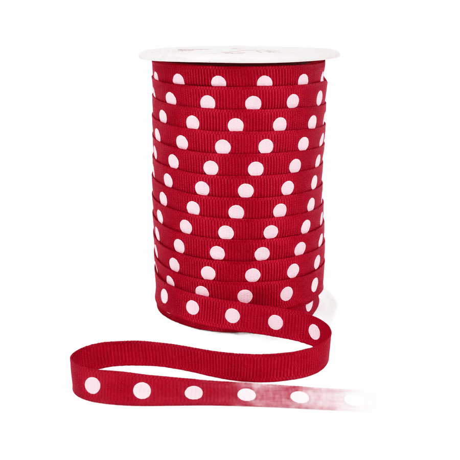 3/8 Inch Red Grosgrain White Center Dot Ribbon With Woven Edge