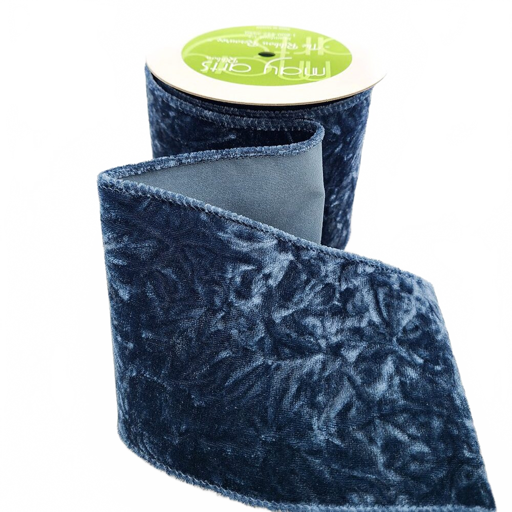 4 Inch Crushed Slate Blue Velvet Ribbon With Wired Edge