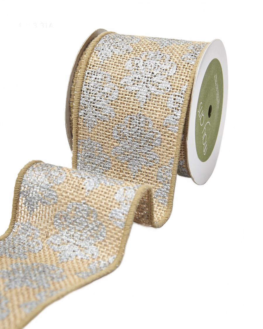 3 Inch 100% Jute Burlap With Silver Damask Metallic Print Ribbon With Wired Edge