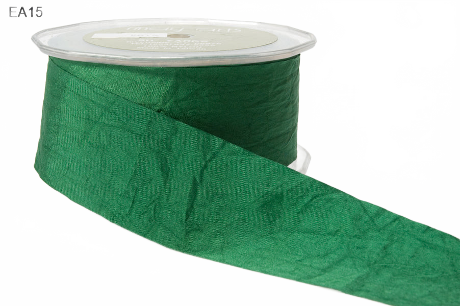 1.5 Inch Wrinkled Faux Green Silk Ribbon With Cut Edge