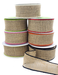 2 Inch 100% Jute Natural/Fuchsia Burlap Ribbon With Color Wired Edge