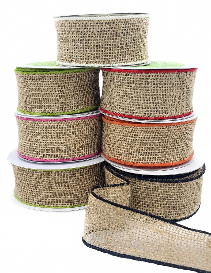 2 Inch 100% Jute Natural/Fuchsia Burlap Ribbon With Color Wired Edge