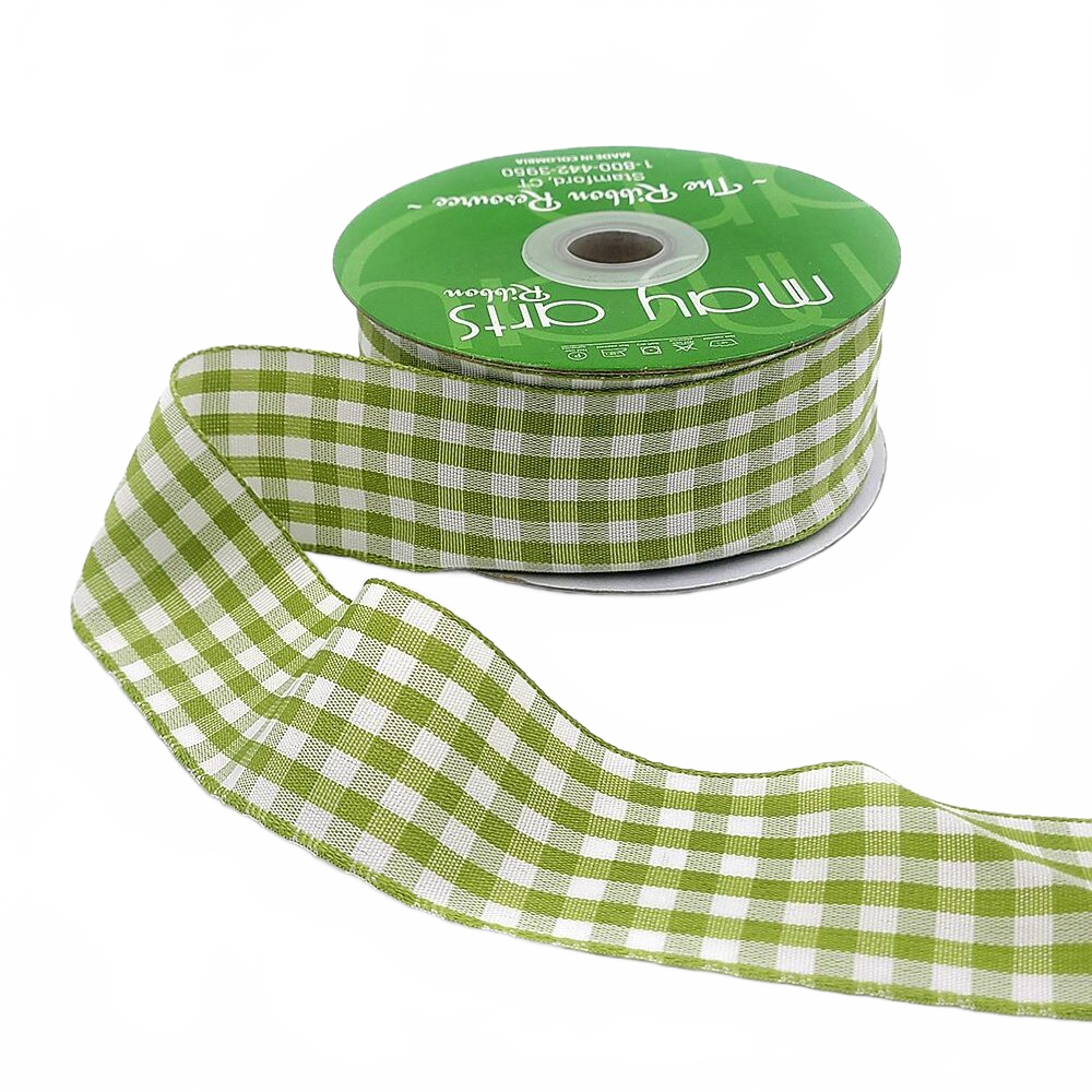 1.5 Inch Checkered Gingham Light Green Ribbon With Woven Edge