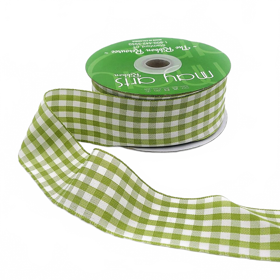 1.5 Inch Checkered Gingham Light Green Ribbon With Woven Edge