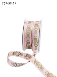 5/8 Inch Pink Taffeta Gold Print Nutcracker Ribbon With Woven Edge