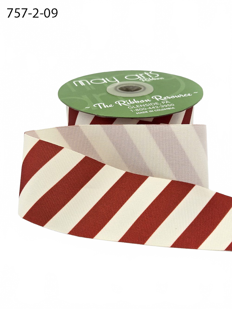 2 Inch Modern Diagonal Striped Red/Ivory Grosgrain Ribbon With Woven Edge