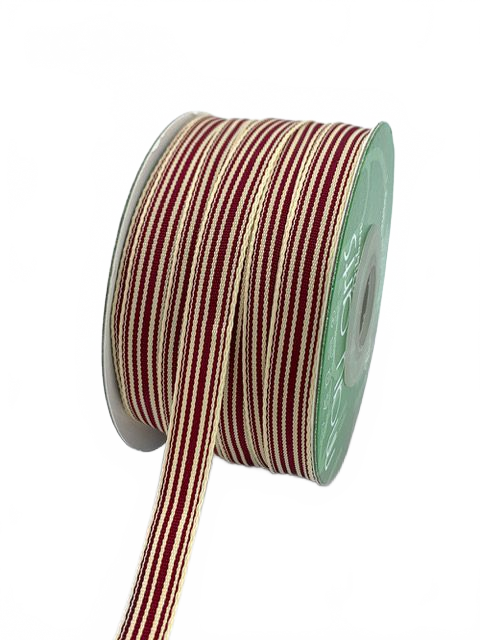 3/8 Inch Woven Burgundy/Oatmeal Stripes Grosgrain Stripe Ribbon With Woven Edge