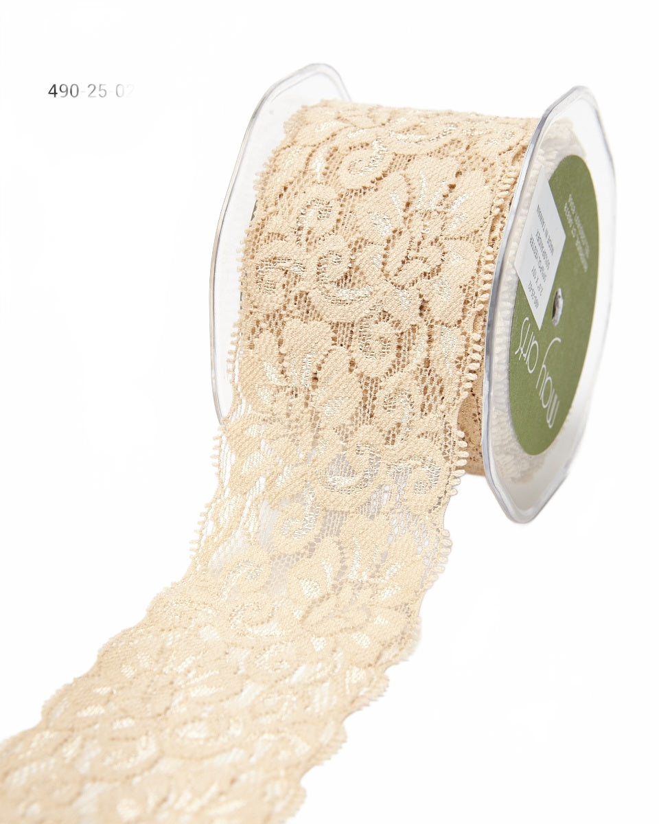 2.5 Inch Floral Elastic Lace Trim Champagne Ribbon With Scalloped Eyelash Edge