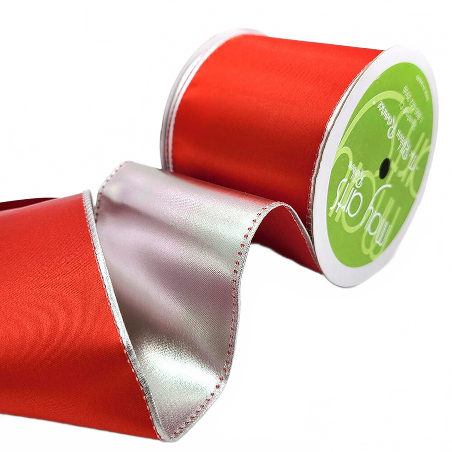 3 Inch Satin Red/Silver Metallic Reversible Ribbon With Wired Woven Edge