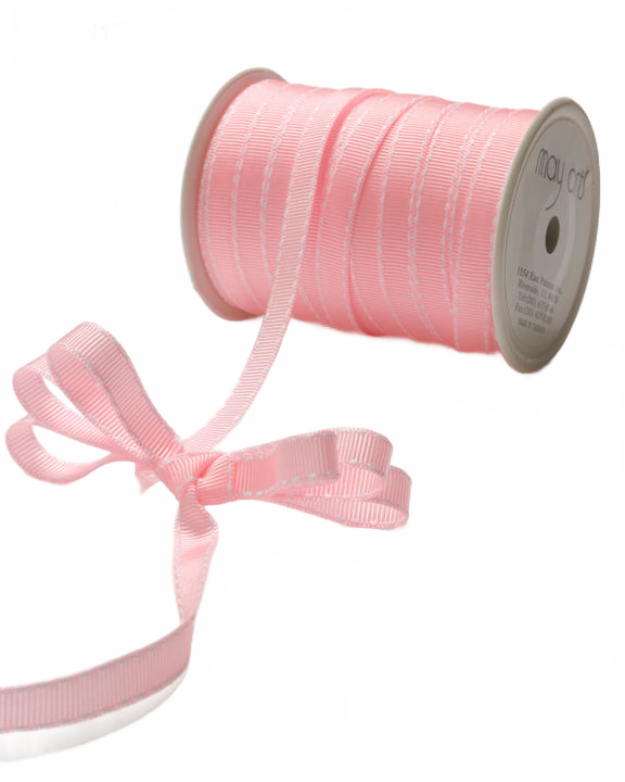 3/8 Inch Classic Pink/White Stitch Grosgrain Ribbon With Woven Stitched Edge