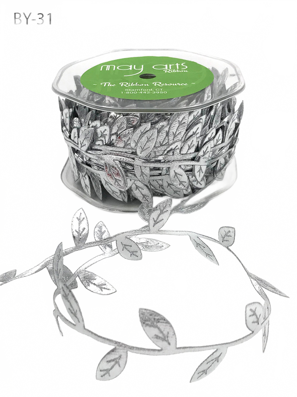 3/4 Inch Classic Leaves Silver Ribbon With Sealed Cut Edge