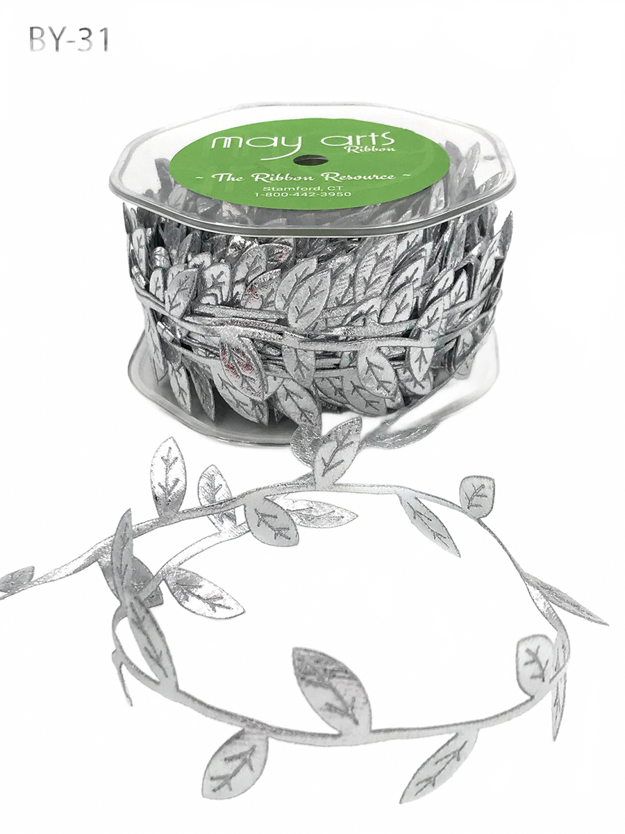3/4 Inch Classic Leaves Silver Ribbon With Sealed Cut Edge